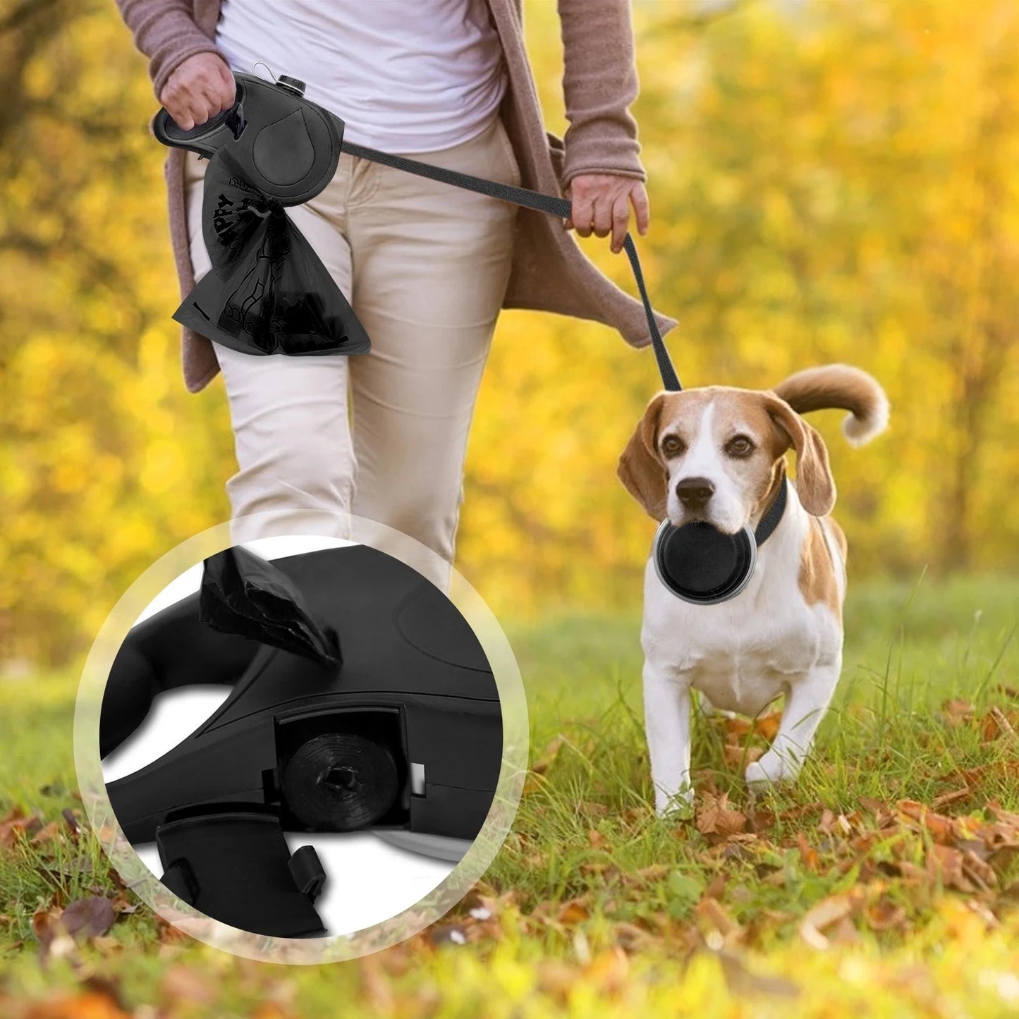 5-in-1 Dog Walking Leash with Water Bottle, Bowl & Waste Bag Dispenser