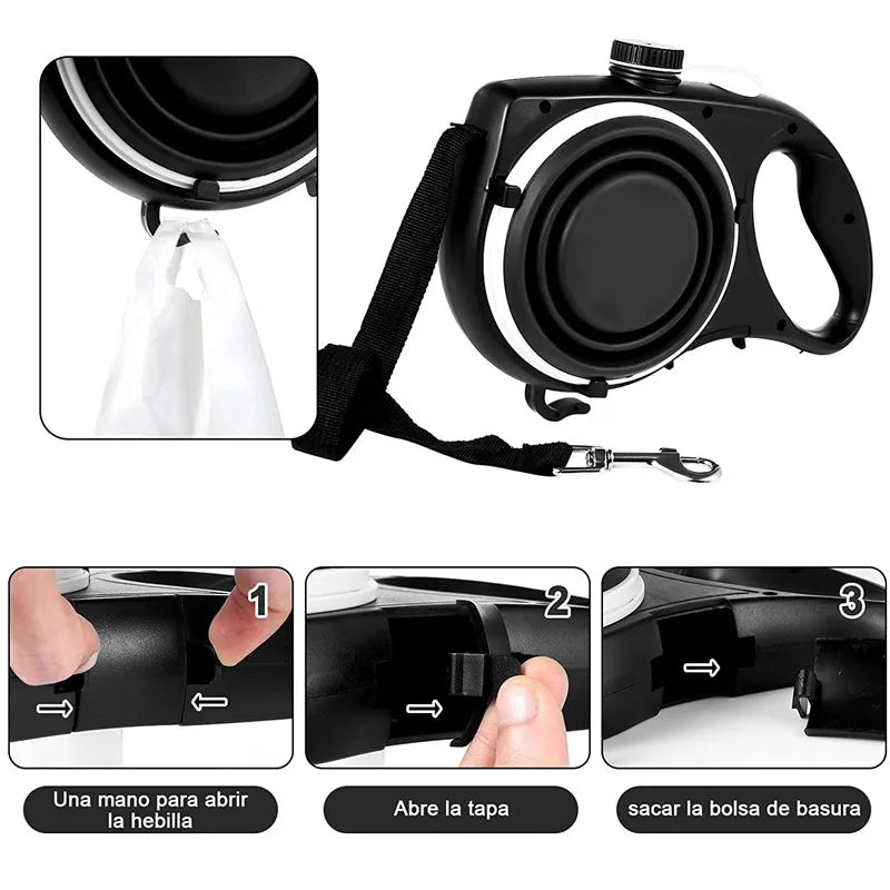 5-in-1 Dog Walking Leash with Water Bottle, Bowl & Waste Bag Dispenser