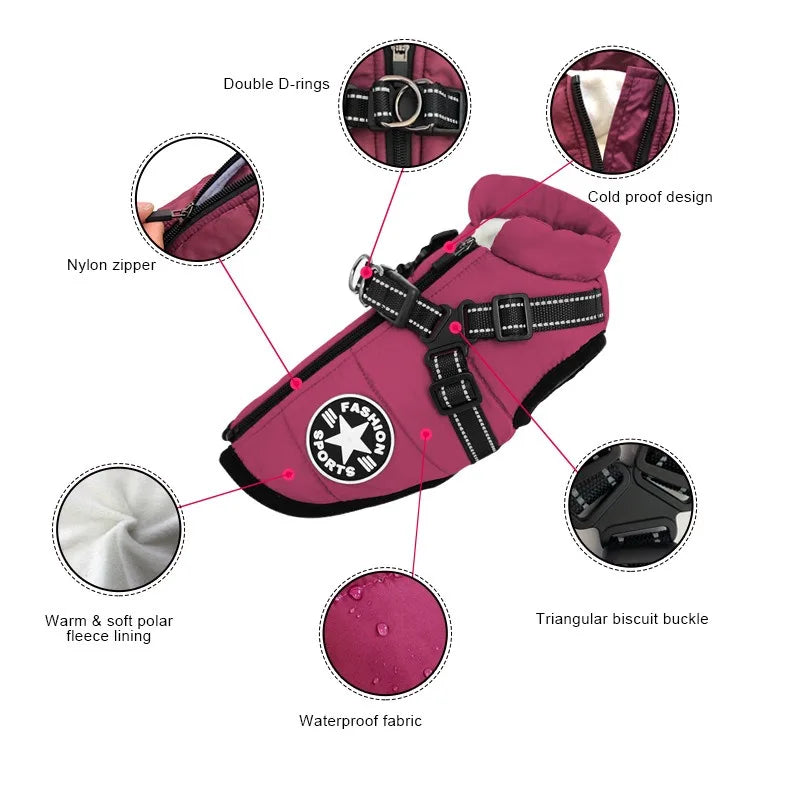 Winter Dog Jacket with Built-In Harness Ring – Waterproof Vest